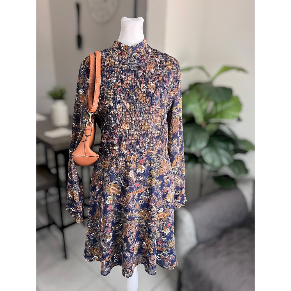 Sun & Shadow Smocked Paisley Long Sleeve Mock Neck Mini Dress